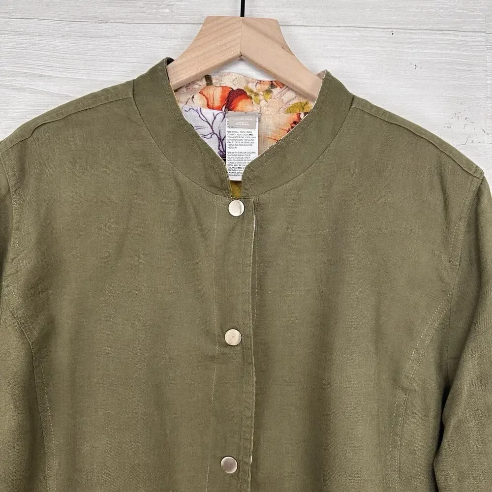 Chico's 100% Linen Jacket Plus Size 20-22‎ Reversible Floral Olive Green Pockets - Picture 4 of 16